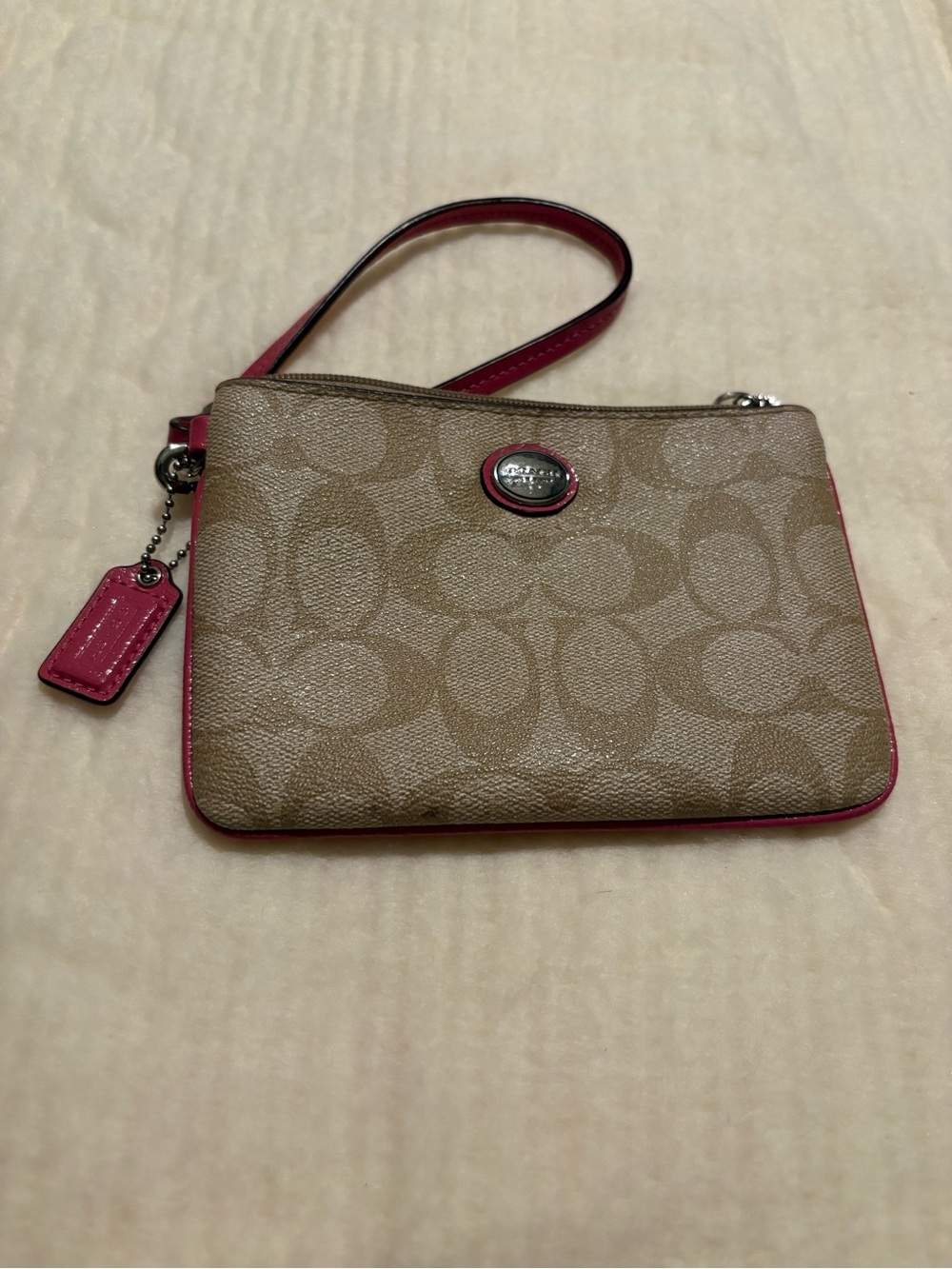Vintage Signature Canvas Wristlet with Pink Trim